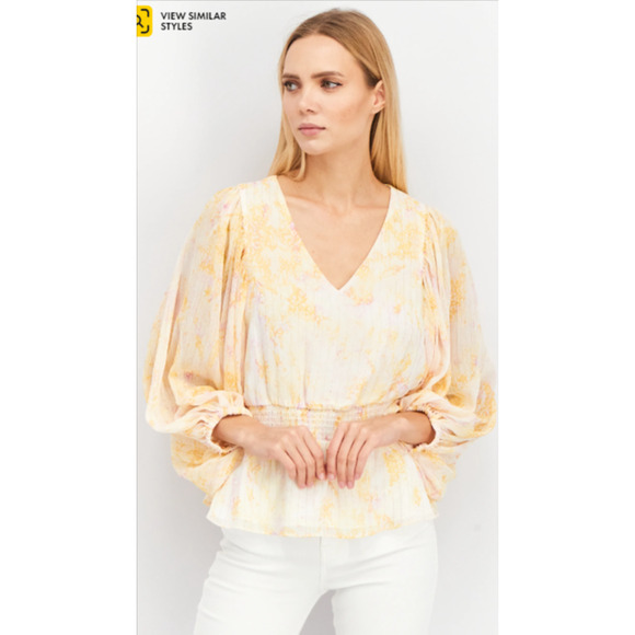 Vince Camuto V-Neck Balloon Sleeves Tie Dye Metallic Lining Top, Yellow S NWT - Picture 1 of 9